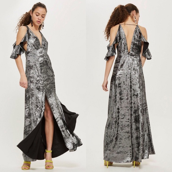 New TopShop Black Silver Metallic Ruffle Maxi Gown - Picture 2 of 6